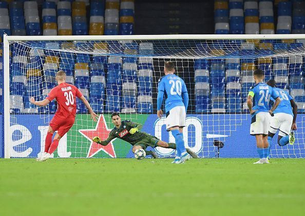 Erling Braut HÃ¥land scoring against Napoli in the Champions League