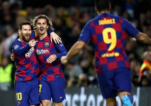 Messi, Griezmann and Suarez celebrate during Barcelona's 3-1 win over Borussia Dortmund