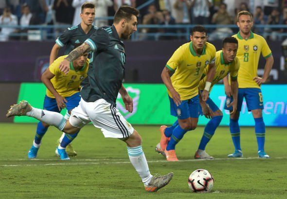 Lionel Messi takes the penalty during Brazil v Argentina fixture.
