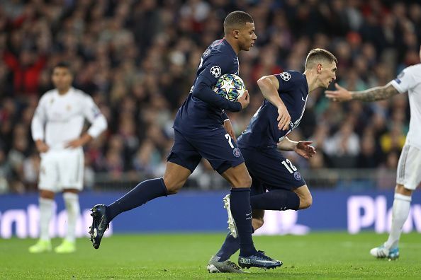 Mbappe wheels away with the ball in tow after converting from close-range to halve the deficit late on