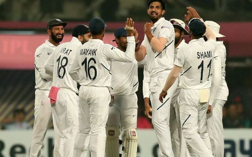 Teammates congratulate Ishant Sharma after the dismissal of Mehidy Hasan.