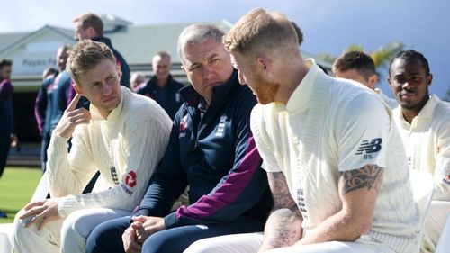 Joe Root, Chris Silverwood and Ben Stokes