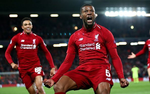 Georginio Wijnaldum celebrates his goal against Barcelona