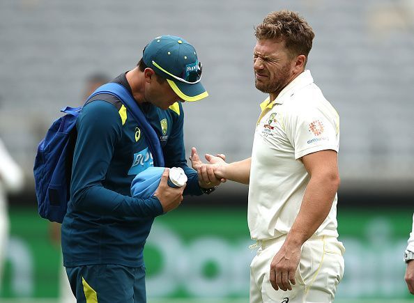 Aaron Finch picked up a head injury while fielding at short leg