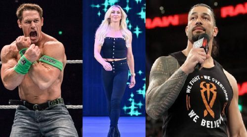 John Cena, Charlotte Flair, and Roman Reigns