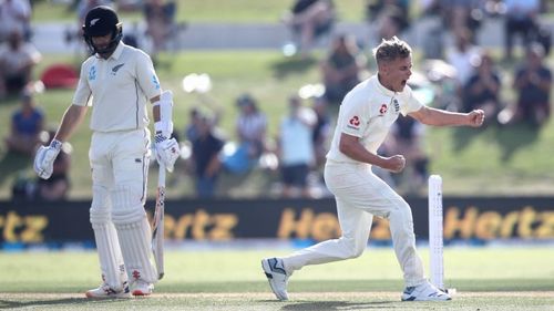 England bowler Sam Curran celebrates the wicket of New Zealand skipper Kane Williamson