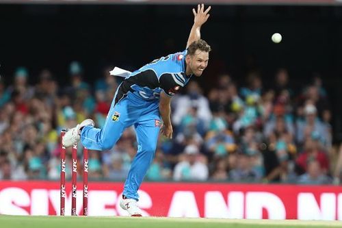 Ben LaughlinÂ in a BBL match involving Brisbane Heat and Adelaide Strikers