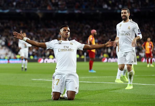 Rodrygo celebrates one of his three goals as Real Madrid thumped Galatasaray on MD4 of this year&#039;s UCL