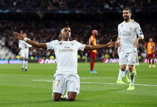 Rodrygo celebrates one of his three goals as Real Madrid thumped Galatasaray on MD4 of this year's UCL