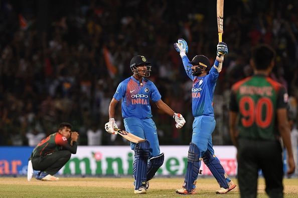 Dinesh Karthik celebrates after his heroics in Nidahas Trophy final.