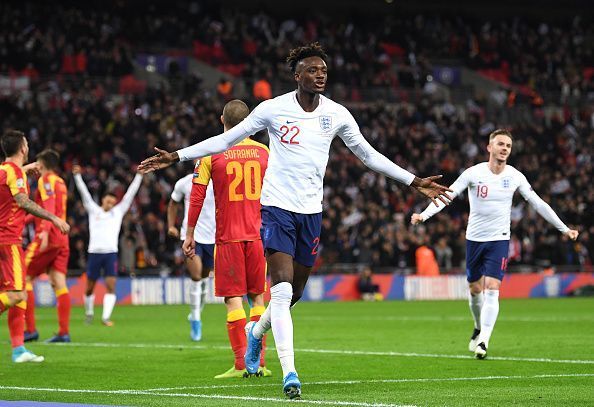 Tammy Abraham scored his first international goal as England thumped Montenegro 7-0