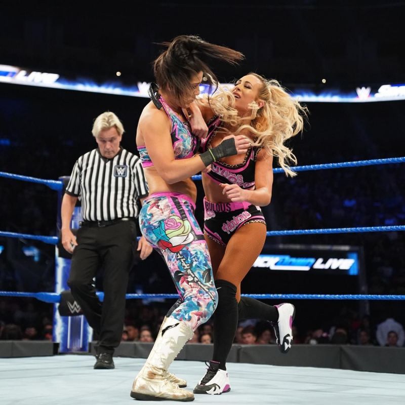 Bayley and Carmella in tag team action on Smackdown. Source: WWE.com
