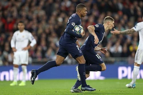 PSG's Kylian Mbappe after scoring in the encounter