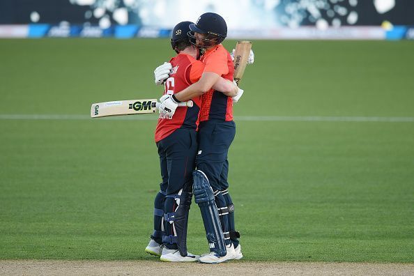 Eoin Morgan and Dawid Malan celebrating their record-breaking partnership.