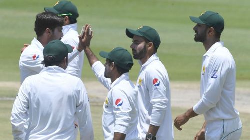 Pakistan celebrate a Hasan Ali wicket