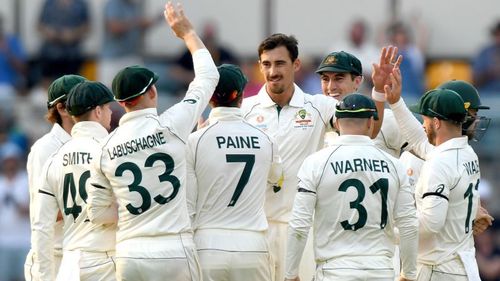 Mitchell Starc and Australia celebrate against Pakistan