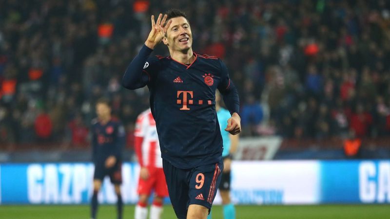 Robert Lewandowski gestures after scoring a quadruple at Crvena Zvezda