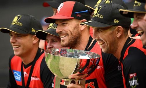 Aaron Finch's Melbourne Renegades celebrate their BBL 08 title win