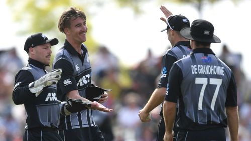 New Zealand celebrate the wicket of James Vince