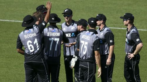 New Zealand celebrate a wicket against England