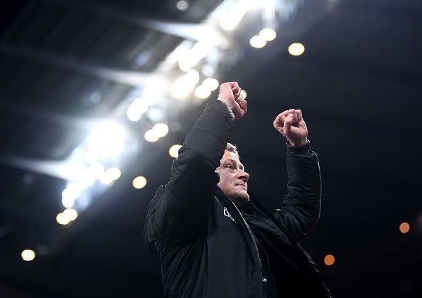 Ole Gunnar Solskj&Atilde;&brvbar;r soaks in the applause for the derby win