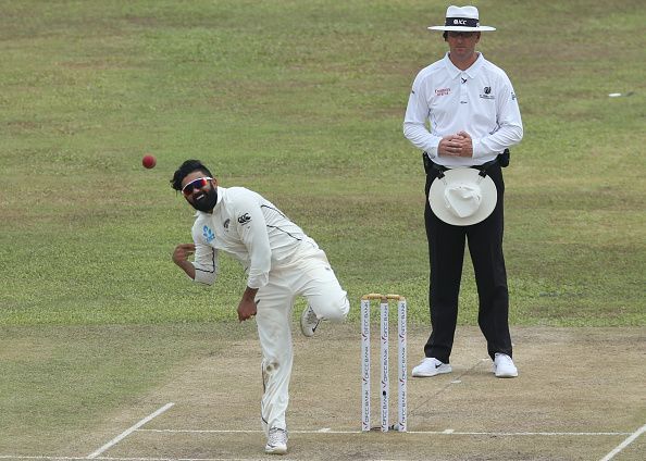 Ajaz Patel in action for New Zealand