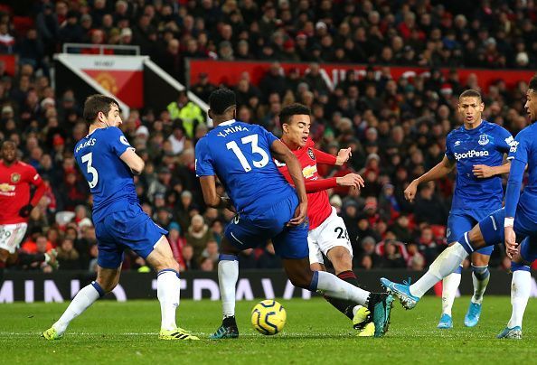 Mason Greenwood shoots at the Everton goal