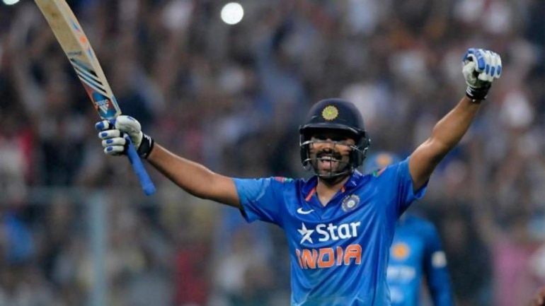 Rohit Sharma is pictured celebrating his double hundred