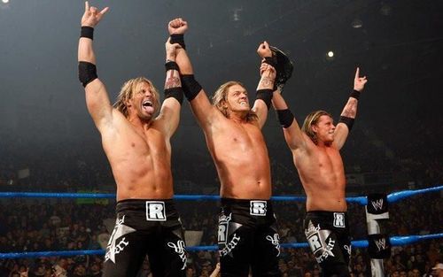 Zack Ryder(left) and Curt Hawkins(right) with Edge (center) during their time as The Edgeheads