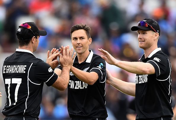 Boult celebrates with teammates during ICC Cricket World Cup 2019 Semi-Final vs India