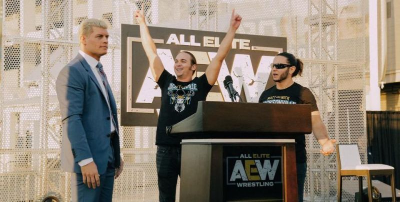 Cody and The Young Bucks at the first AEW Press Conference