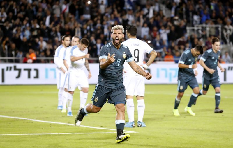 Sergio Aguero (Argentina) exults after scoring against Uruguay