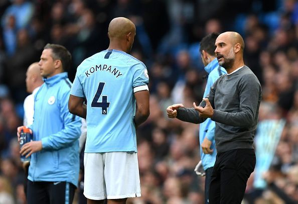 Vincent Kompany and Pep Guardiola at Manchester City