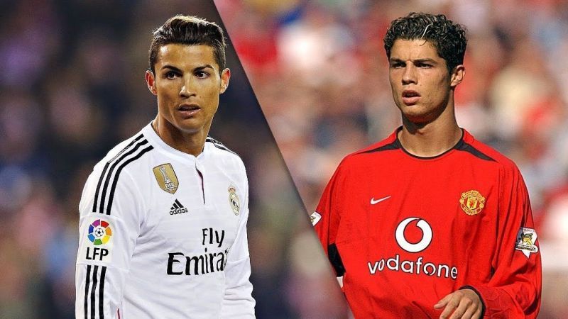 Cristiano Ronaldo (left) in a Real Madrid and Manchester United (right) jersey
