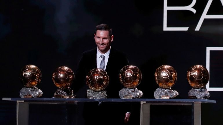 Messi poses with his record 6 Ballon d&#039;Or trophies
