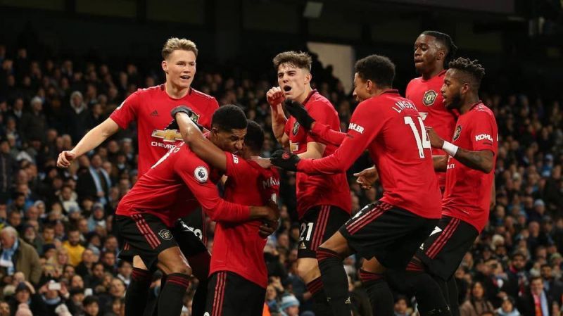 United players celebrate their second goal