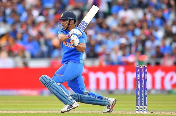 MS Dhoni bats at the 2019 World Cup