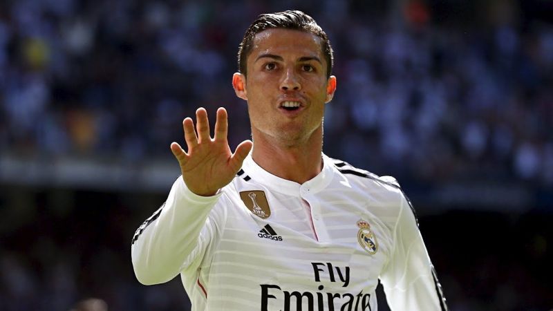 Ronaldo gestures after scoring 5 in a Liga game against Granada