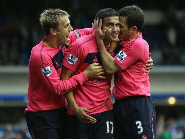 Everton players celebrating a Tim Cahill goal in 2010.
