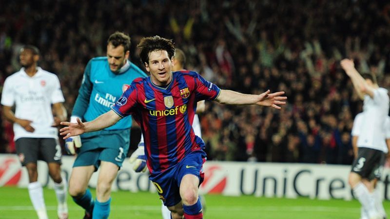 Messi rejoices after scoring one of his goals against Arsenal