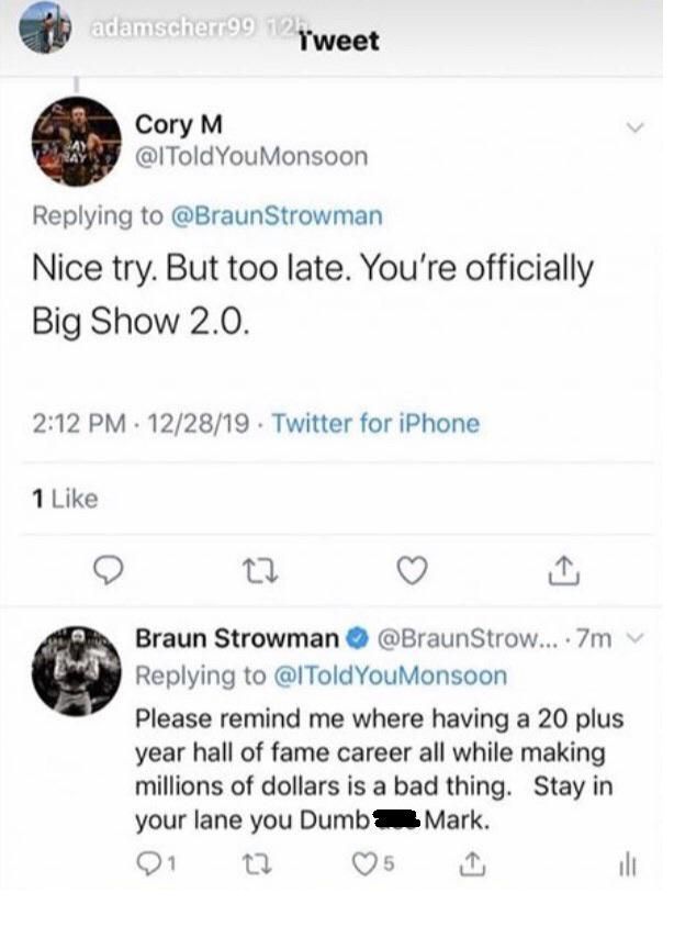 The fan&#039;s tweet, plus Strowman&#039;s response