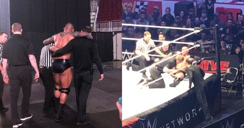 Randy Orton getting helped by WWE medics at the live event.