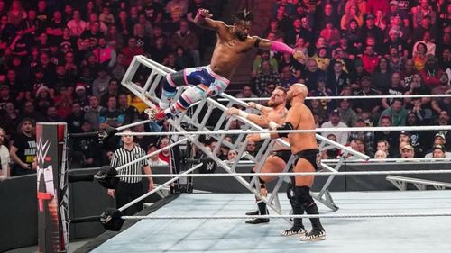 Kofi Kingston takes to the skies to fend off The Revival's attacks