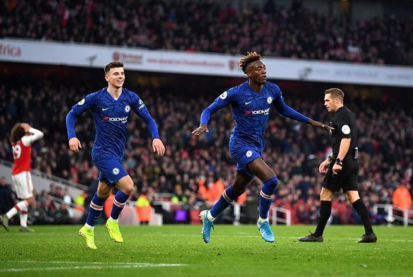 Chelsea&#039;s top goalscorer Tammy Abraham celebrates completing the comeback late on against Arsenal