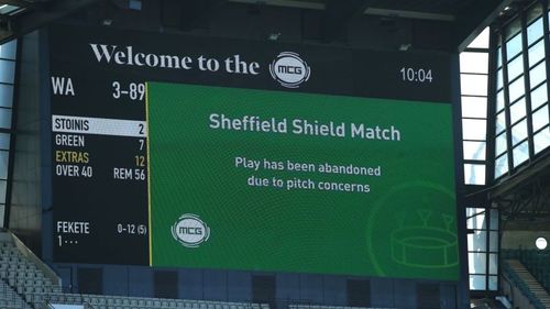 A dangerous pitch forces the cancellation of a Sheffield Shield match at the MCG