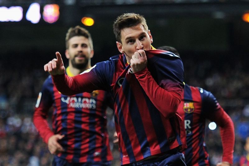 Messi exults after scoring at the Bernabeu against Real Madrid