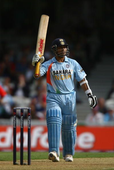 Sachin Tendulkar with a MRF sticker on his bat