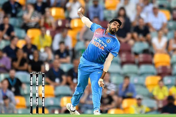 Jasprit Bumrah about to zip a quick one 