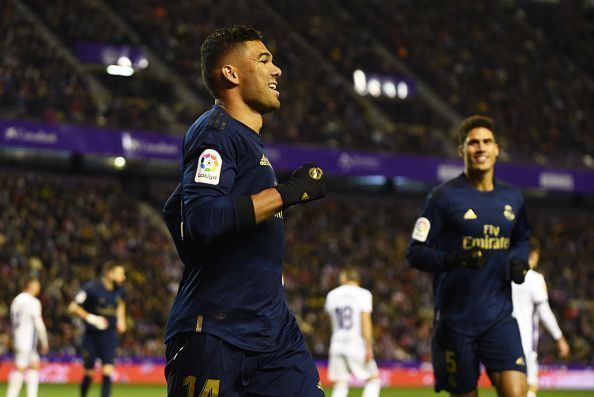 Casemiro celebrates his soon to be cancelled goal