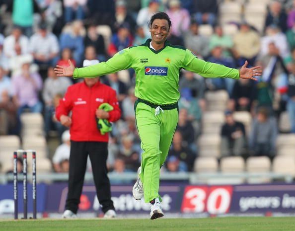 Shoaib Akhtar with his trademark celebration after taking a wicket